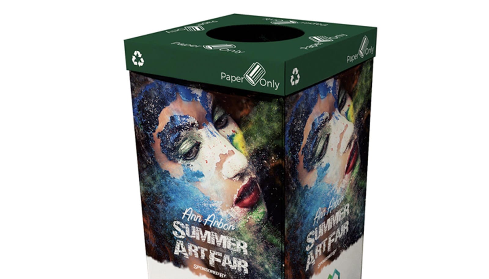 a branded trashcan for the Ann Arbor Summer Art Fair