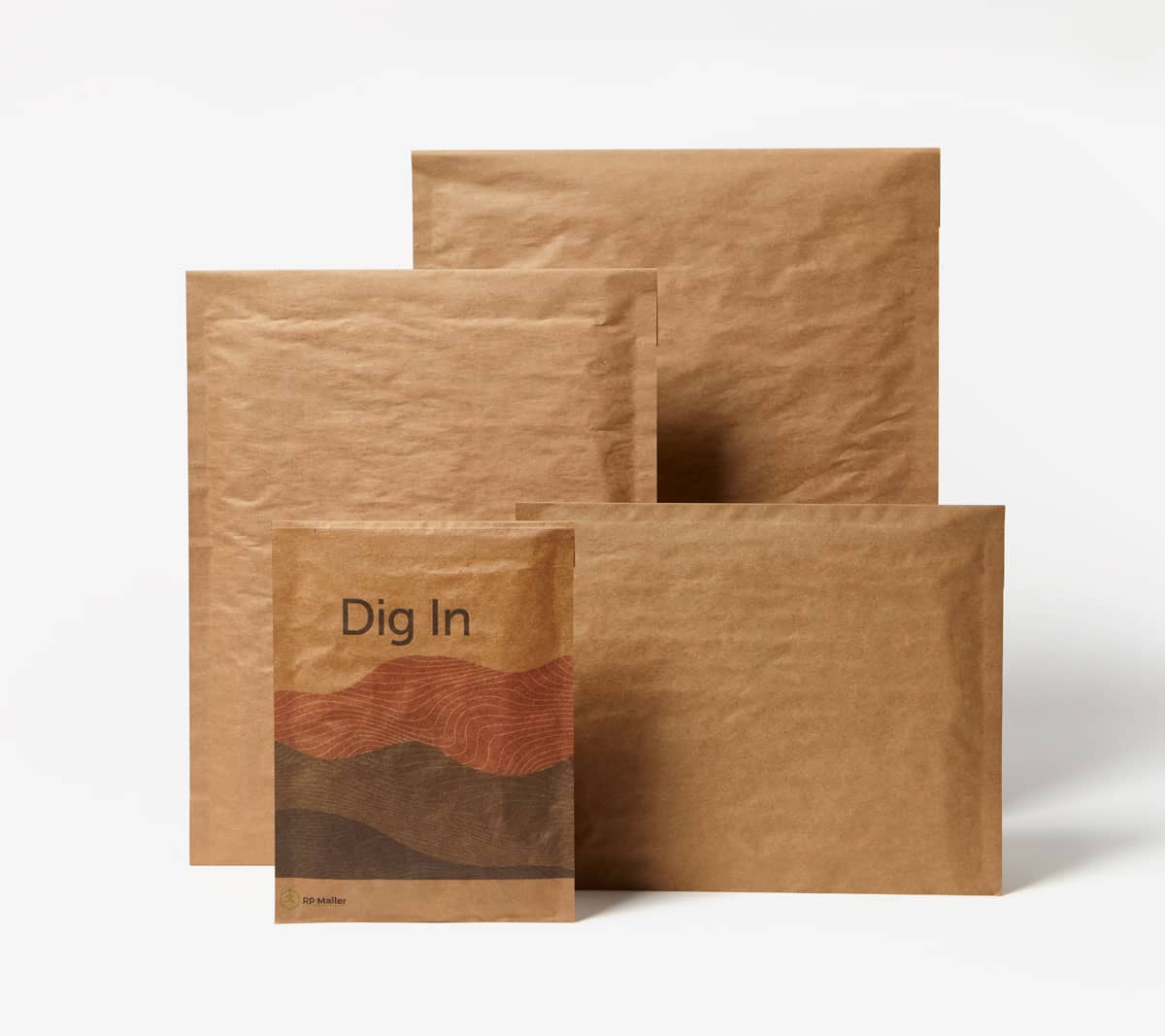 Group of Padded Mailers made of kraft paper, the front-most with 